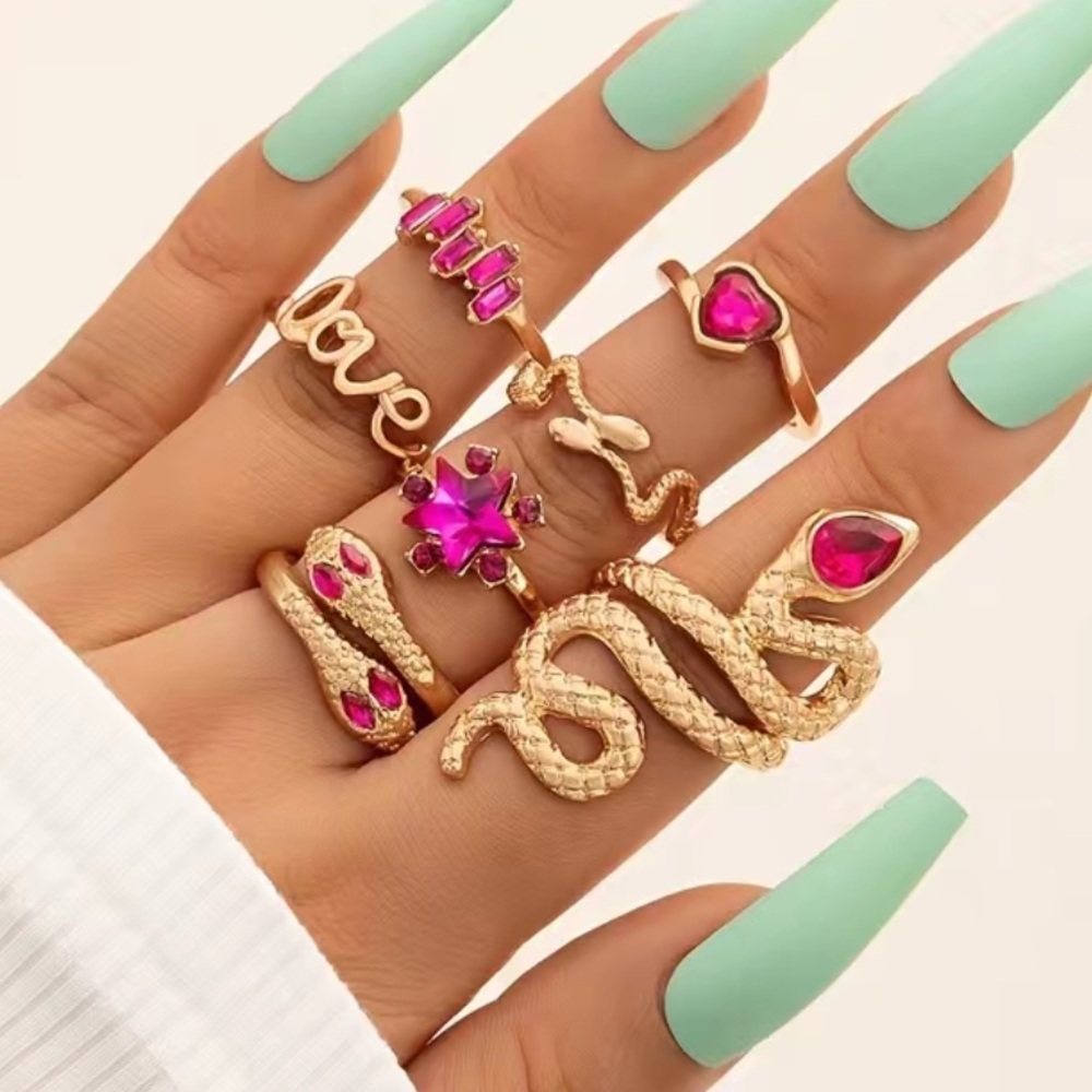 Pink Gemstone Snake Heart Gold Ring Set 7pc